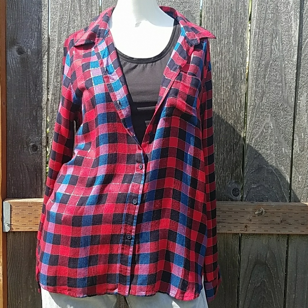 Lucky Brand Plaid Button Down Tulip Back Size M